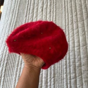 Fuzzy Red Anthropologie Beret with gold details